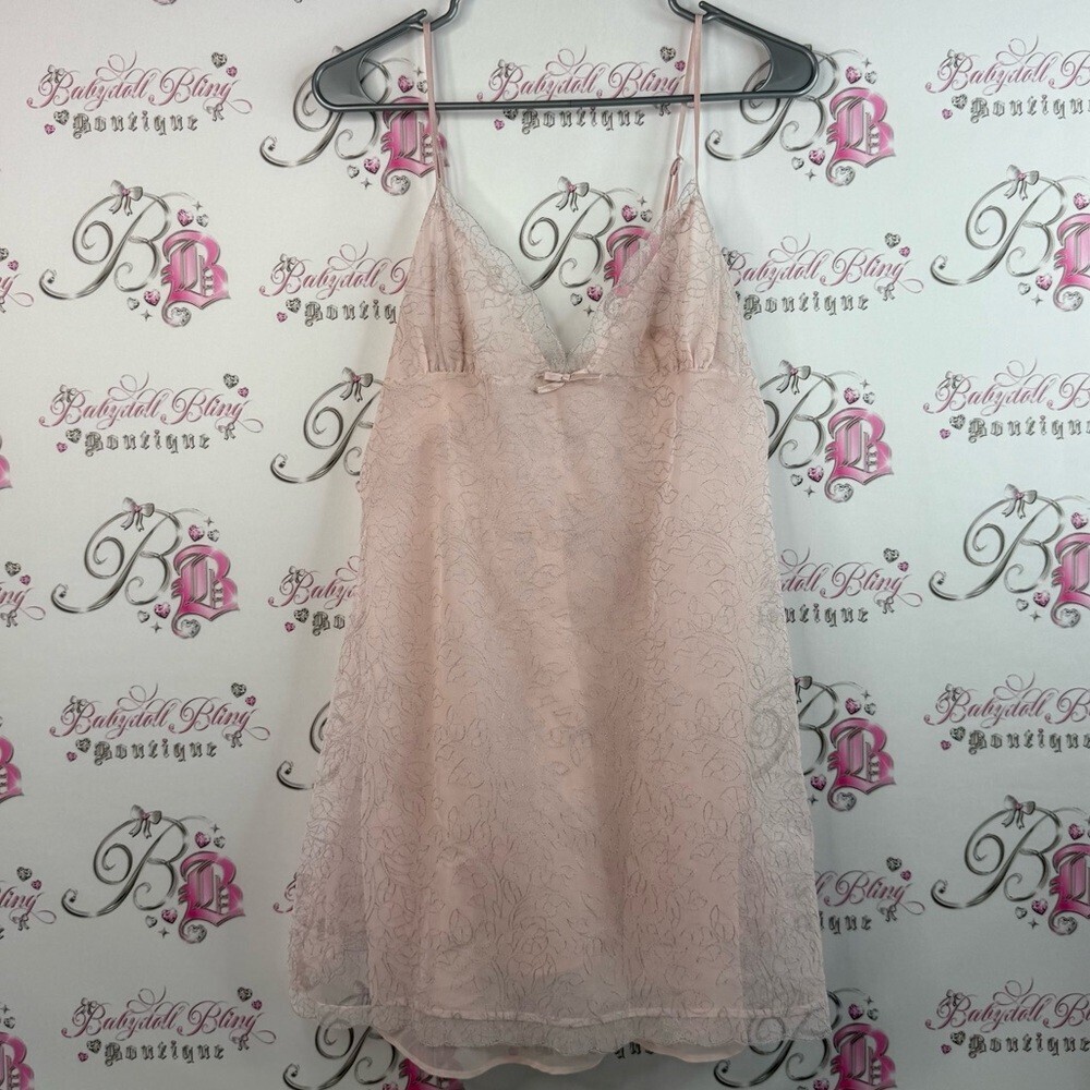 La SENZA dress flowers floral silver pink Blush Lace Chemise lace ribbon bow Y2K